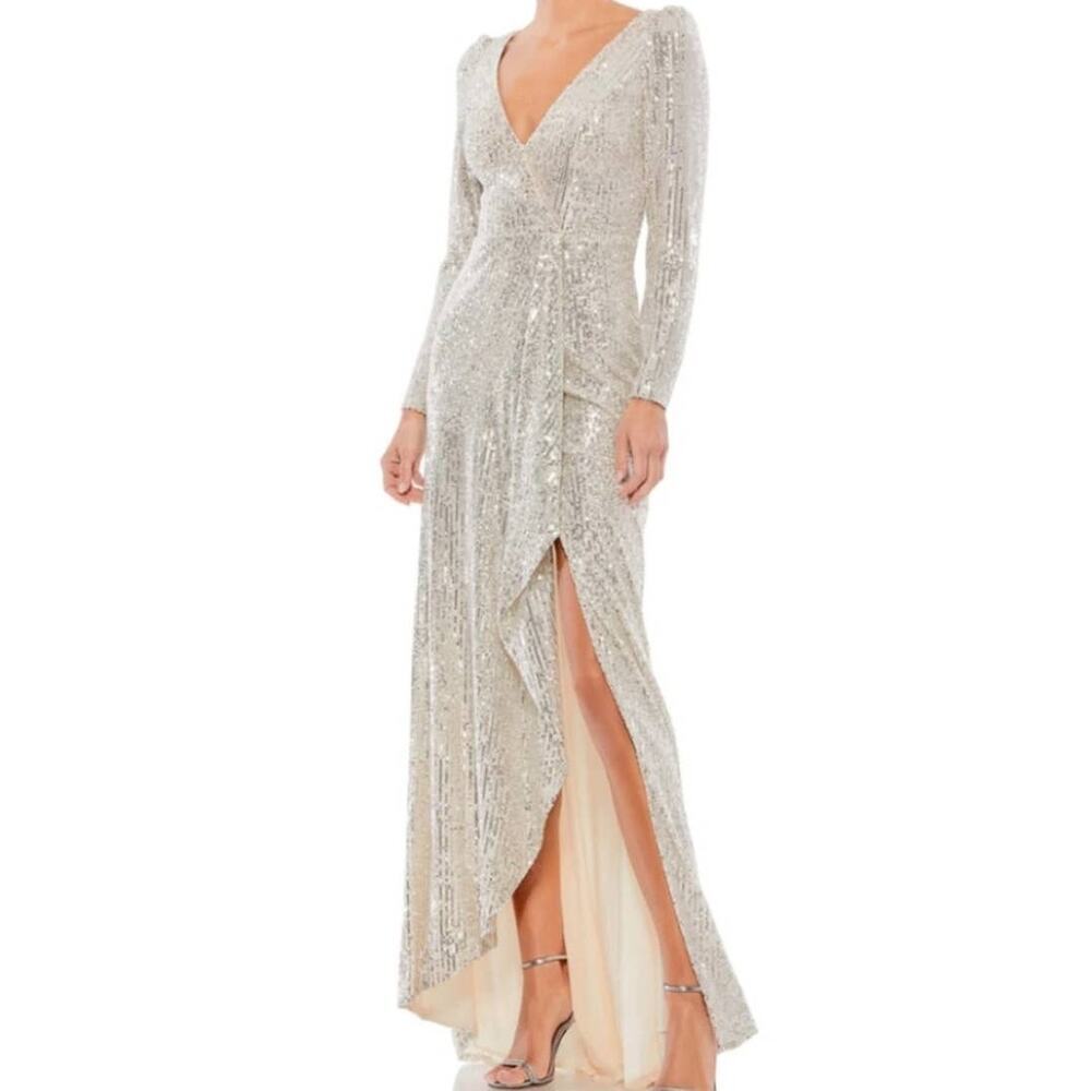 NWT IEENA FOR MAC DUGGAL Long Sleeve Silver Sequin High Slit Wrap Gown Size 14